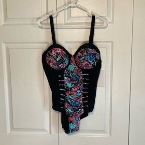 Meet Curve Floral Black Corset Design Swimsuit Size XL NWT